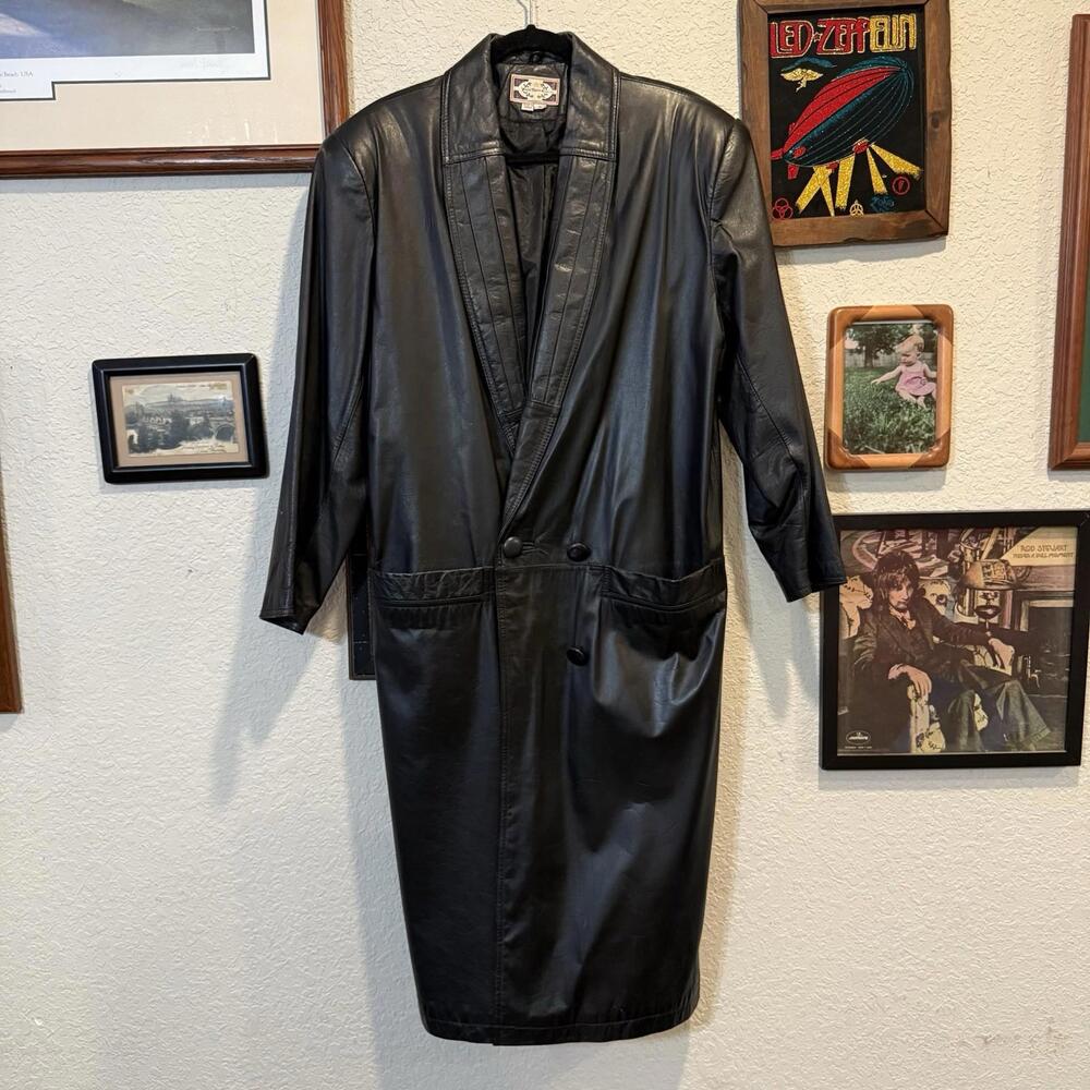 Vintage 80s Paris Sport Club‎ Long Black Leather Trench Coat Size Women’s Small